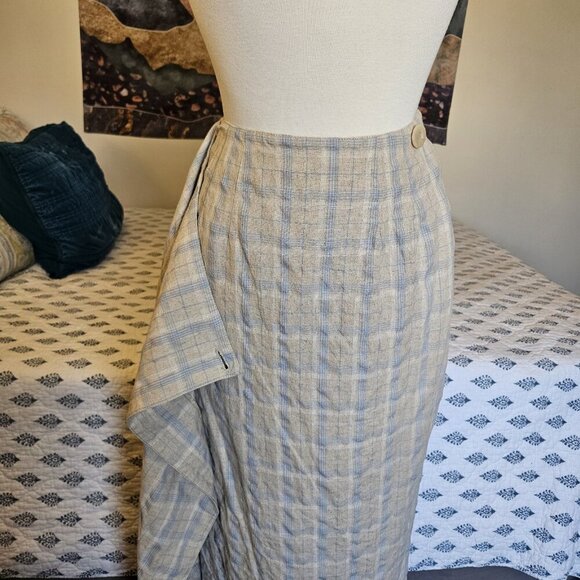 Vintage Talbots Linen Blend Wrap Skirt Size 8 Blue Beige Check Plaid Midi USA - Picture 6 of 14